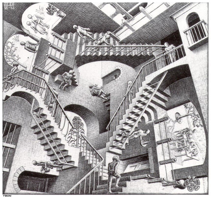 Escher, Relatività, 1953, comunicazione caotica al tempo del coronavirus