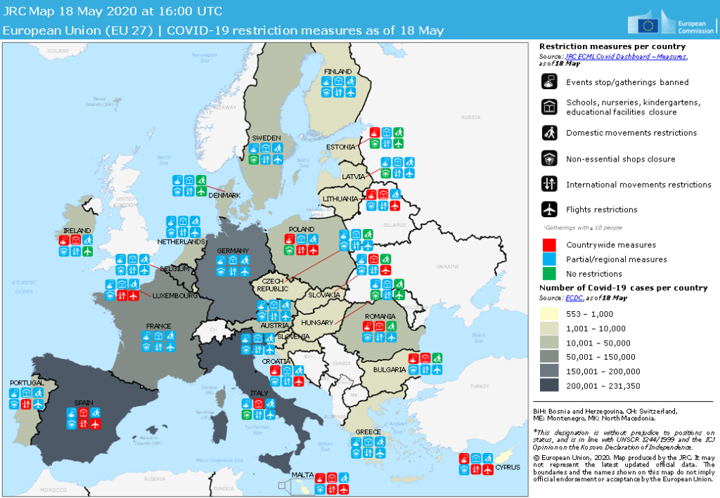 mappa europea legata ai contagi e alle misure di restrizione, mobilità in fase2
